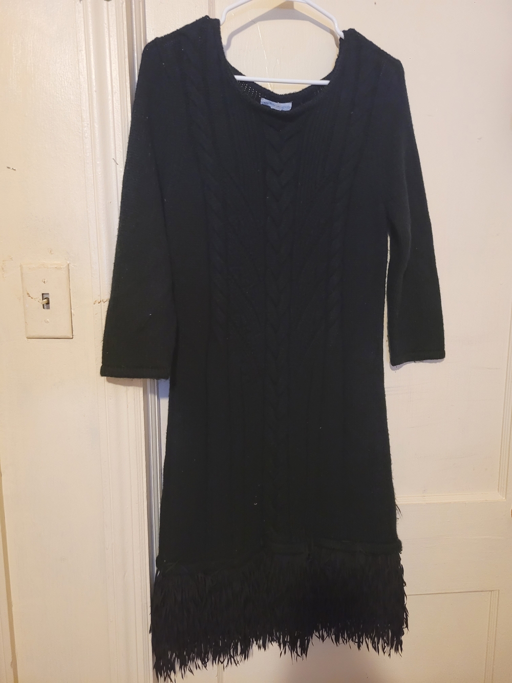 New York & Company Black Cable Knit Fringe Hem Sweater Dress